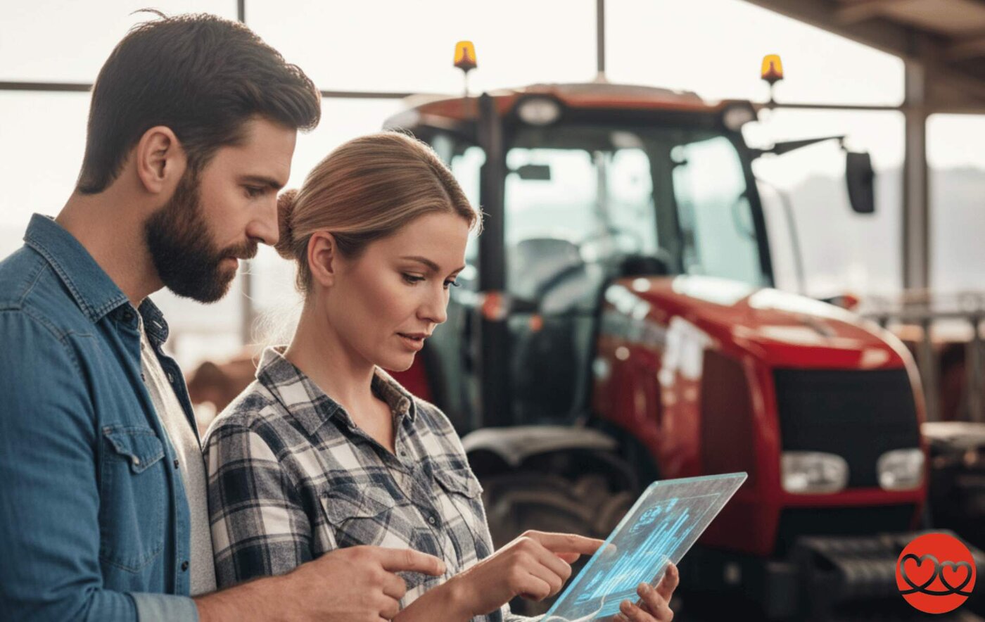 Ein echtes Paar Tim und Anja aus der Landwirtschaft, steht im der Hofhalle vor einem Traktor mit einem Tablet in der Hand mit statistiken vom Hofbetrieb